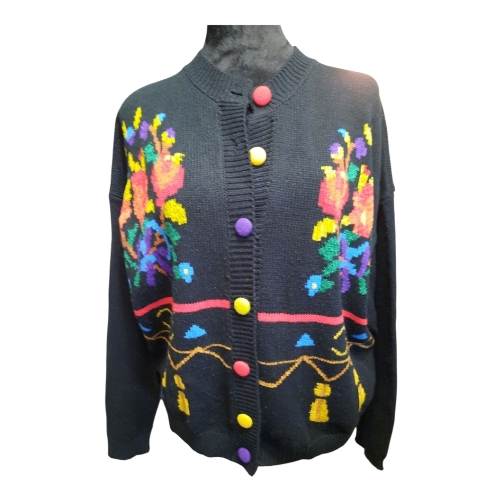 Vintage I.V.Y Colorful Button-Up Floral Sweater Large Christmas Ugly